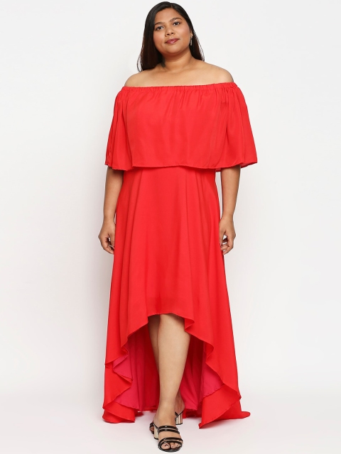 

XXLLENT Red Off-Shoulder Crepe Maxi Dress