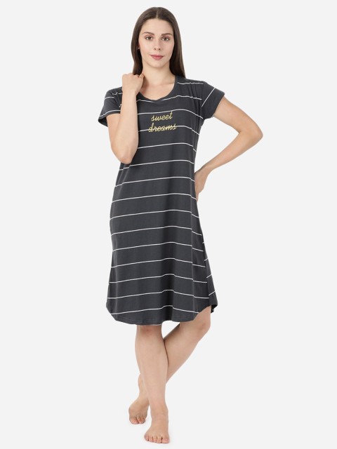 

GOLDSTROMS Women Charcoal Black & White Striped Sleep Shirt
