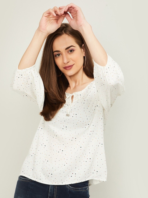 

Fame Forever by Lifestyle White & Yellow Geometric Printed Tie-Up Neck Top