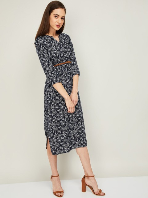 

Fame Forever by Lifestyle Women Blue & White Floral Printed Belted A-Line Midi Dress