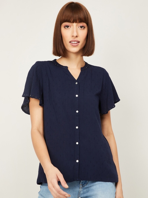 

Fame Forever by Lifestyle Navy Blue Self Design Mandarin Collar Shirt Style Top