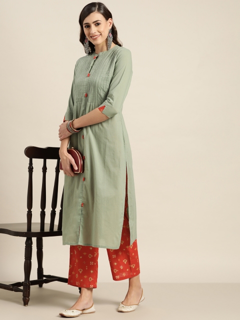 

Moda Rapido Women Green Pleated Pure Cotton Kurta with Trousers