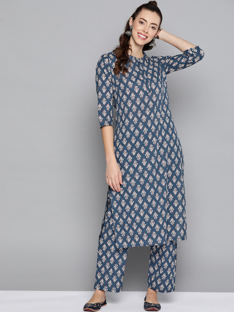 

HERE&NOW Women Navy Blue Ethnic Motifs Printed Regular Pure Cotton Kurta with Trousers