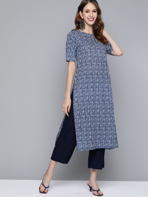 

HERE&NOW Women Navy Blue & Off White Pure Cotton Striped Straight Kurta