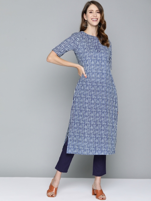 

HERE&NOW Women Navy Blue Striped Thread Work Pure Cotton Kurta with Trousers
