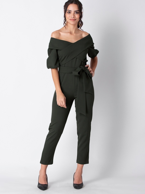 

FabAlley Women Olive Solid Off Shoulder Jumpsuit With Tie-Up Belt