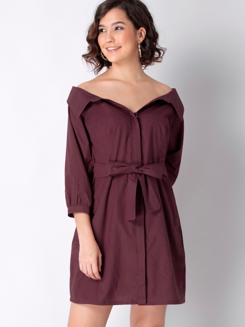 

FabAlley Maroon Off Shoulder Cotton Shirt Dress