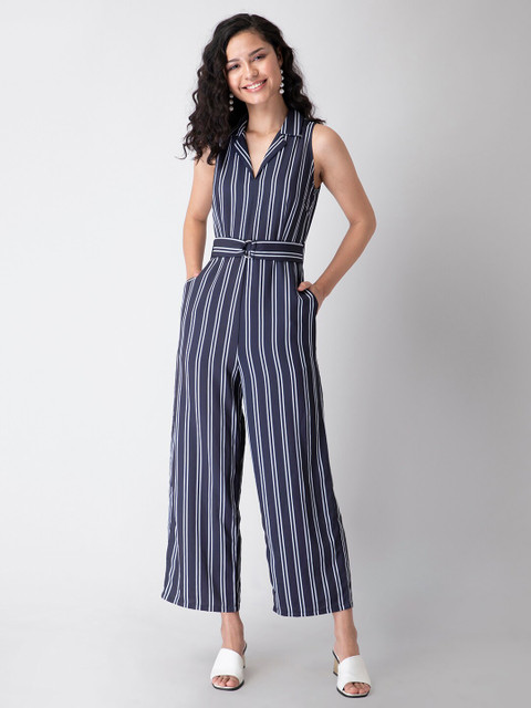

FabAlley Women Navy Blue & White Striped Jumpsuit With Fabric Belt