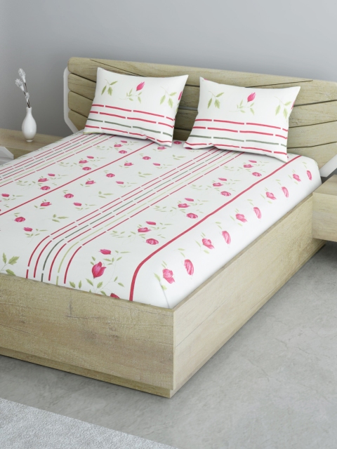 

Aura White & Pink Cotton Floral Printed 144 TC Queen Bedsheet with 2 Pillow Covers