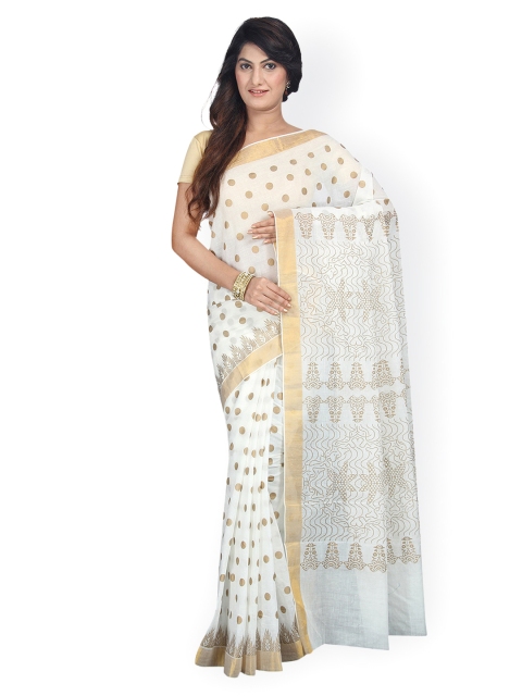 

Pavechas White Mangalagiri Cotton Polka Dot Print Kasavu Saree