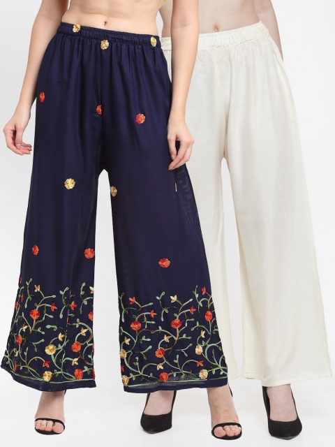 

TAG 7 Women Off White & Navy Blue Set of 2 Palazzos