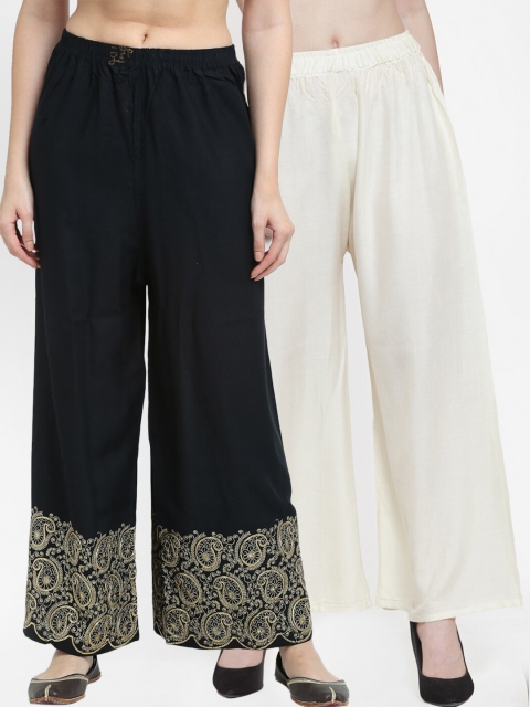 

TAG 7 Women Off White & Black Set of 2 Embroidered Palazzos