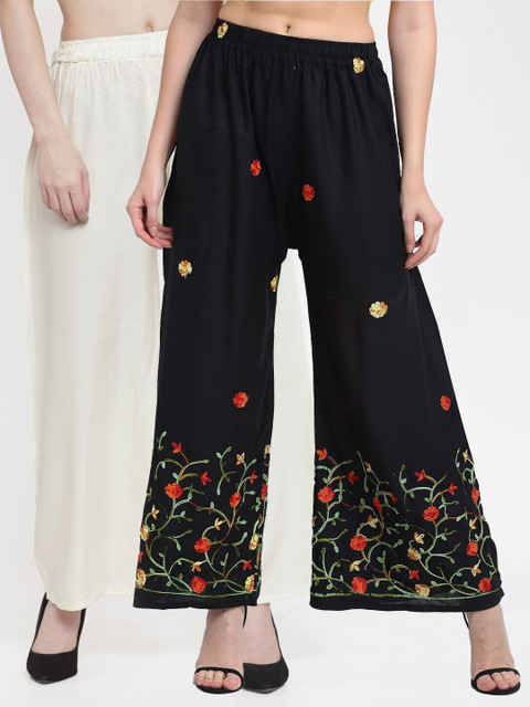 

TAG 7 Women Off White & Black Set of 2 Floral Embroidered Palazzos