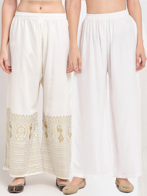 

TAG 7 Women White & Gold-Toned Set of 2 Ethnic Motifs Printed Palazzos