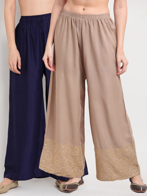 

TAG 7 Women Navy Blue & Beige Set of 2 Ethnic Motifs Embroidered Palazzos