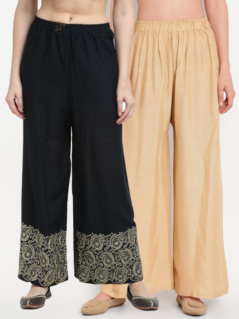 

TAG 7 Women Beige & Black Set of 2 Ethnic Motifs Embroidered Palazzos