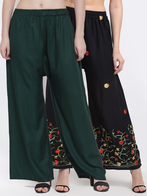 

TAG 7 Pack Of 2 Women Green & Black Embroidered Palazzos