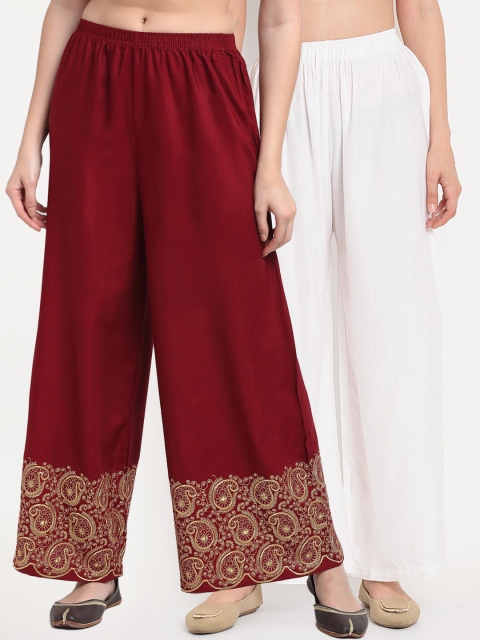 

TAG 7 Pack Of 2 Women White & Maroon Ethnic Motifs Embroidered Palazzos