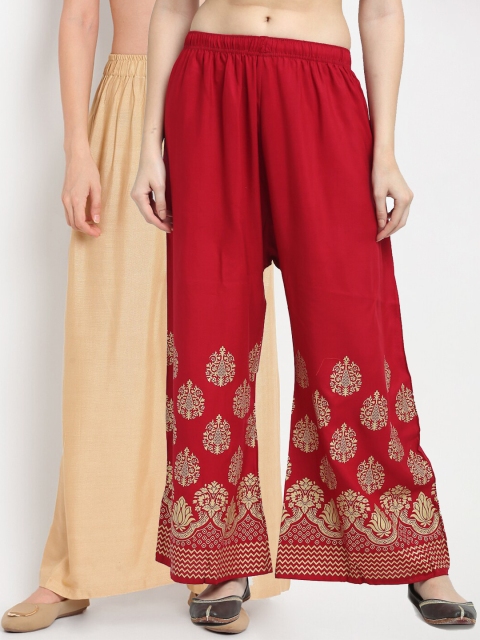 

TAG 7 Pack Of 2 Women Beige & Red Ethnic Motifs Printed Palazzos