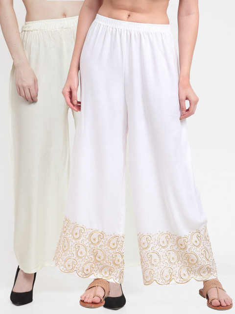 

TAG 7 Pack Of 2 Women Off White & White Ethnic Motifs Embroidered Palazzos