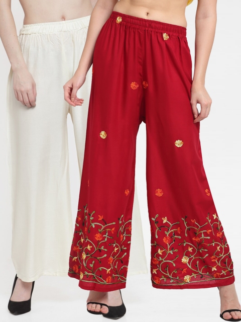 

TAG 7 Pack Of 2 Women Off White & Red Floral Embroidered Palazzos