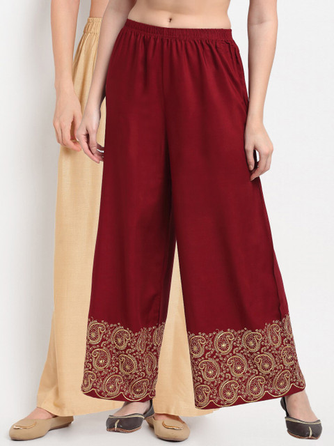 

TAG 7 Pack Of 2 Women Beige & Maroon Ethnic Motifs Embroidered Palazzos