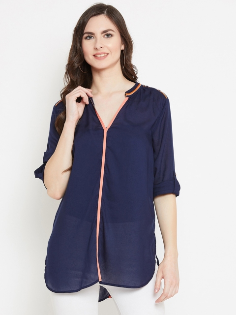 

Madame Blue & Orange Mandarin Collar Roll-Up Sleeves High-Low Longline Top
