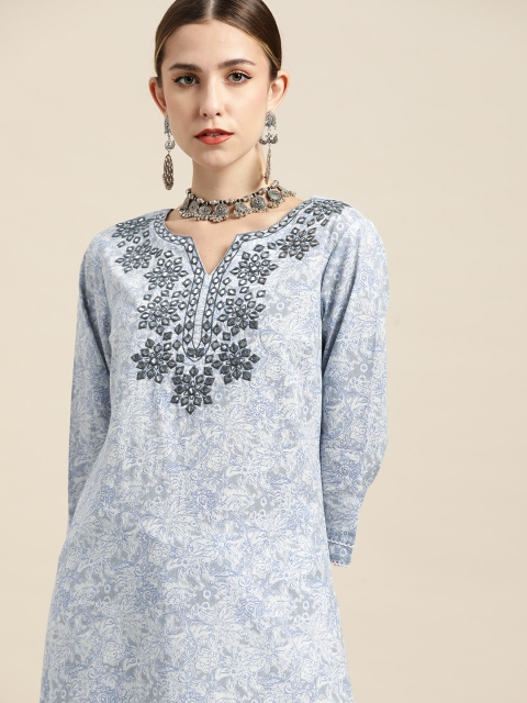 

Moda Rapido Women Blue & White Ethnic Motifs Printed Mirror Work Cotton Kurta