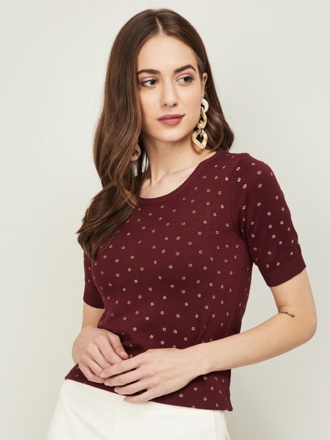 

Bossini Maroon & Yellow Floral Printed Regular Top