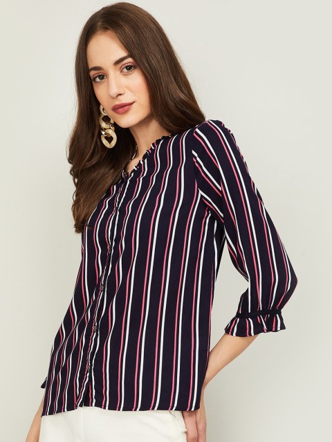 

Bossini Navy Blue & White Striped Mandarin Collar Shirt Style Top