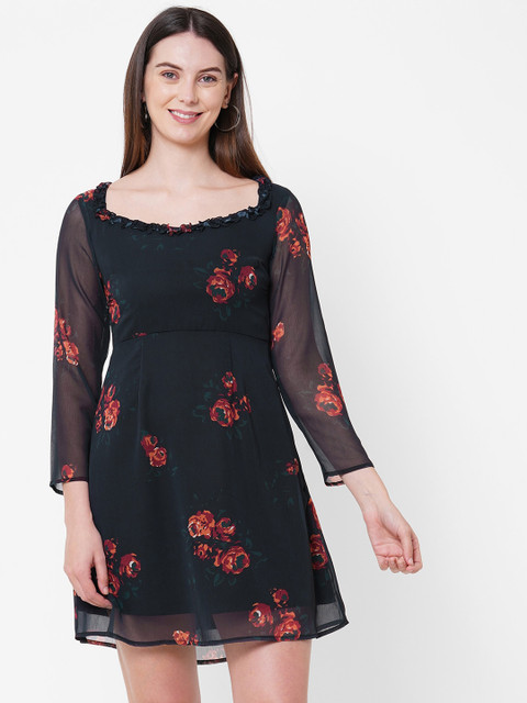 

MISH Women Black & Red Floral Printed Georgette A-Line Dress