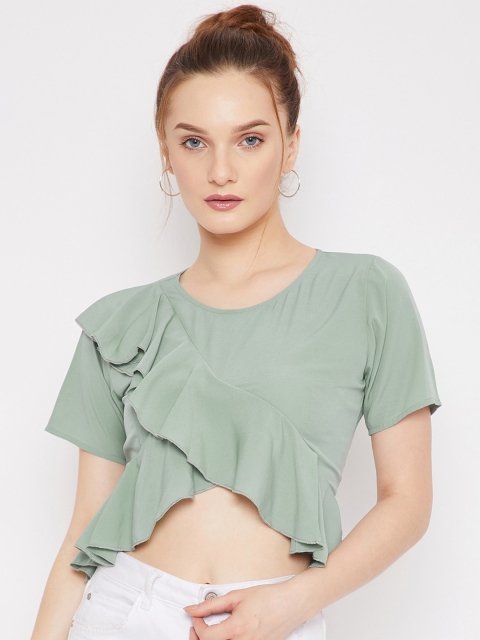 

Berrylush Green Ruffles Crepe High-Low Crop Top