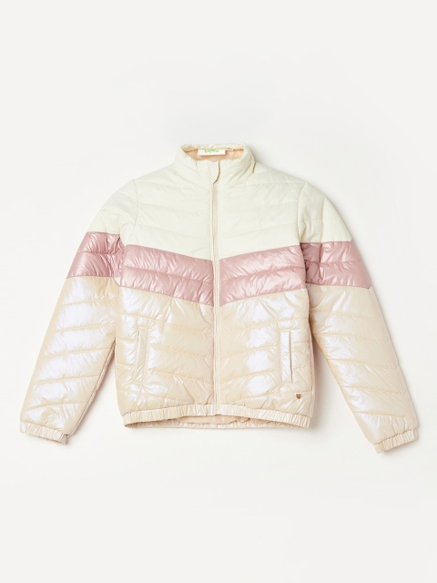 

Bossini Girls Cream-Coloured Pink Colourblocked Puffer Jacket