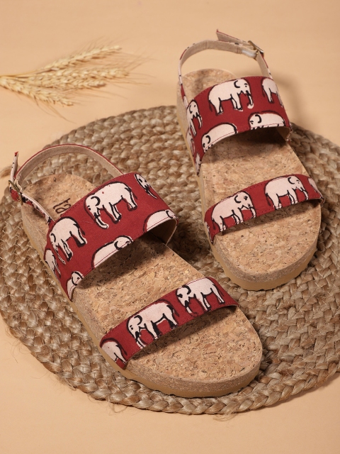 

Taavi Women Red & Beige Elephant Print Open Toe Flats