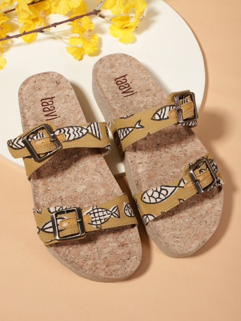 

Taavi Women Mustard Yellow & Off-White Ethnic Printed Open Toe Flats with Buckle Detail