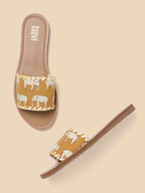 

Taavi Women Mustard Yellow & Off-White Elephant Print Open Toe Flats