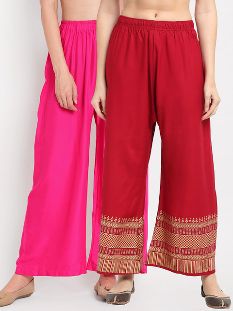 

TAG 7 Women pack of 2 Pink & Maroon Solid Wide Leg Palazzos