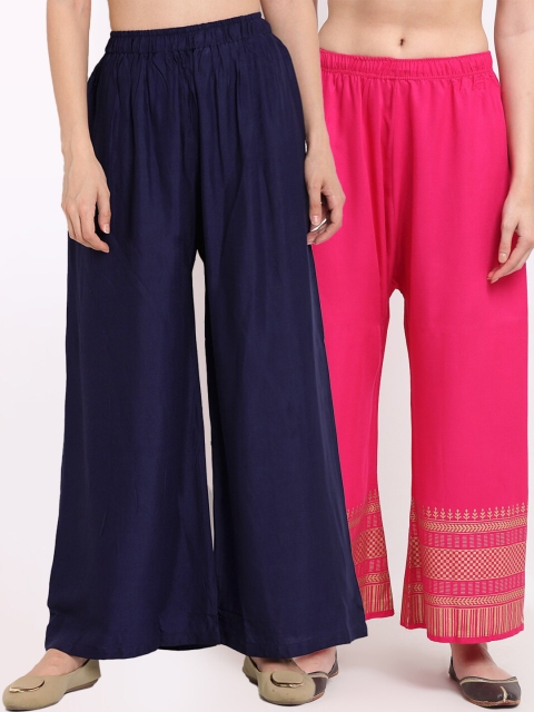 

TAG 7 Women Pack of 2 Navy Blue & Pink Solid Flared Palazzos