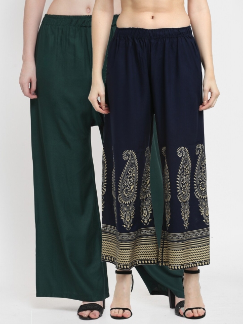 

TAG 7 Women Pack of 2 Green & Navy Blue Wide-Leg Palazzos