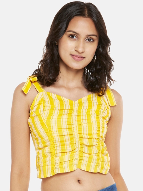 

People Mustard Yellow & White Striped Regular Ruched Crop Top