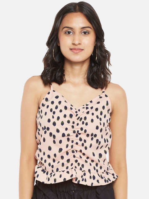 

People Peach-Coloured & Black Animal Print Ruched Regular Top