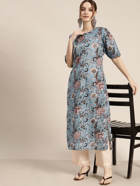 

Moda Rapido Women Blue & Pink Pure Cotton Ethnic Motifs Printed Straight Kurta