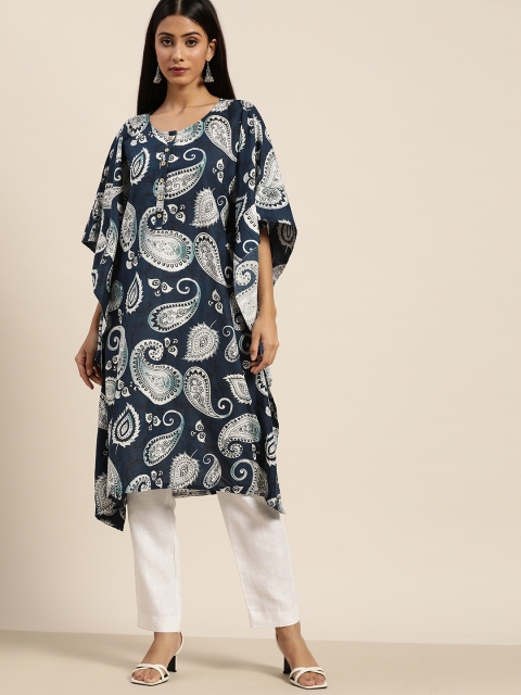 

Moda Rapido Women Navy Blue & White Pure Cotton Printed Flared Sleeves Indigo Kaftan Kurta