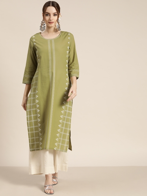 

Moda Rapido Women Olive Green & White Pure Cotton Printed Straight Kurta