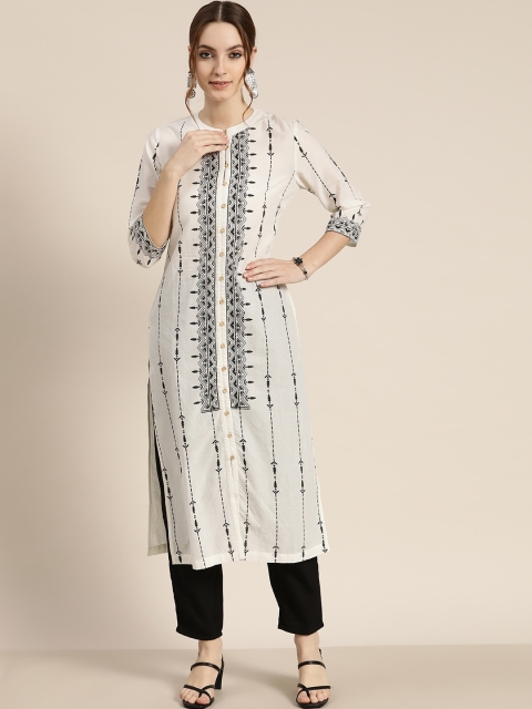 

Moda Rapido Women Off-White & Black Cotton Ethnic Motifs Printed Straight Kurta