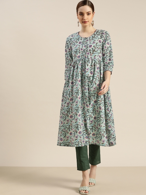 

Moda Rapido Women Sea Green & Black Pure Cotton Ethnic Motifs Printed Kurta