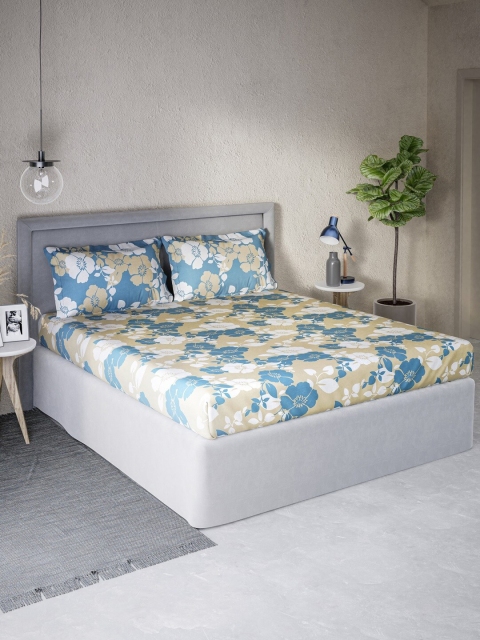 

DDecor Beige & Blue Floral 140 TC Queen Bedsheet with 2 Pillow Covers