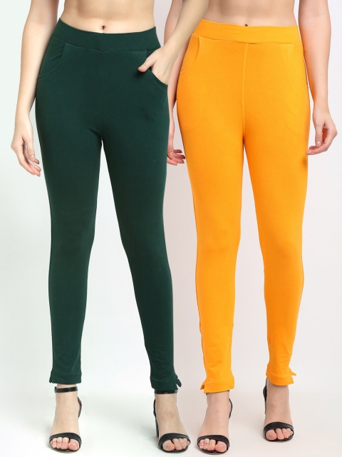 

TAG 7 Women Set of 2 Green & Yellow Solid Ankle-Length Leggings