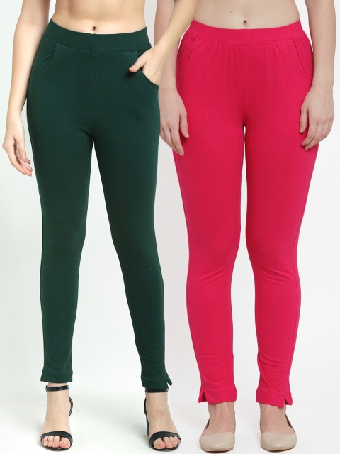 

TAG 7 Women Set of 2 Green & Magenta Solid Ankle-Length Leggings