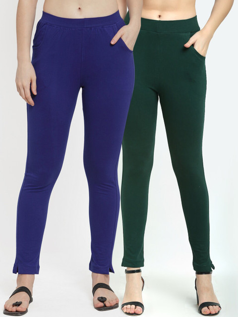 

TAG 7 Women Set of 2 Green & Pink Solid Ankle-Length Leggings